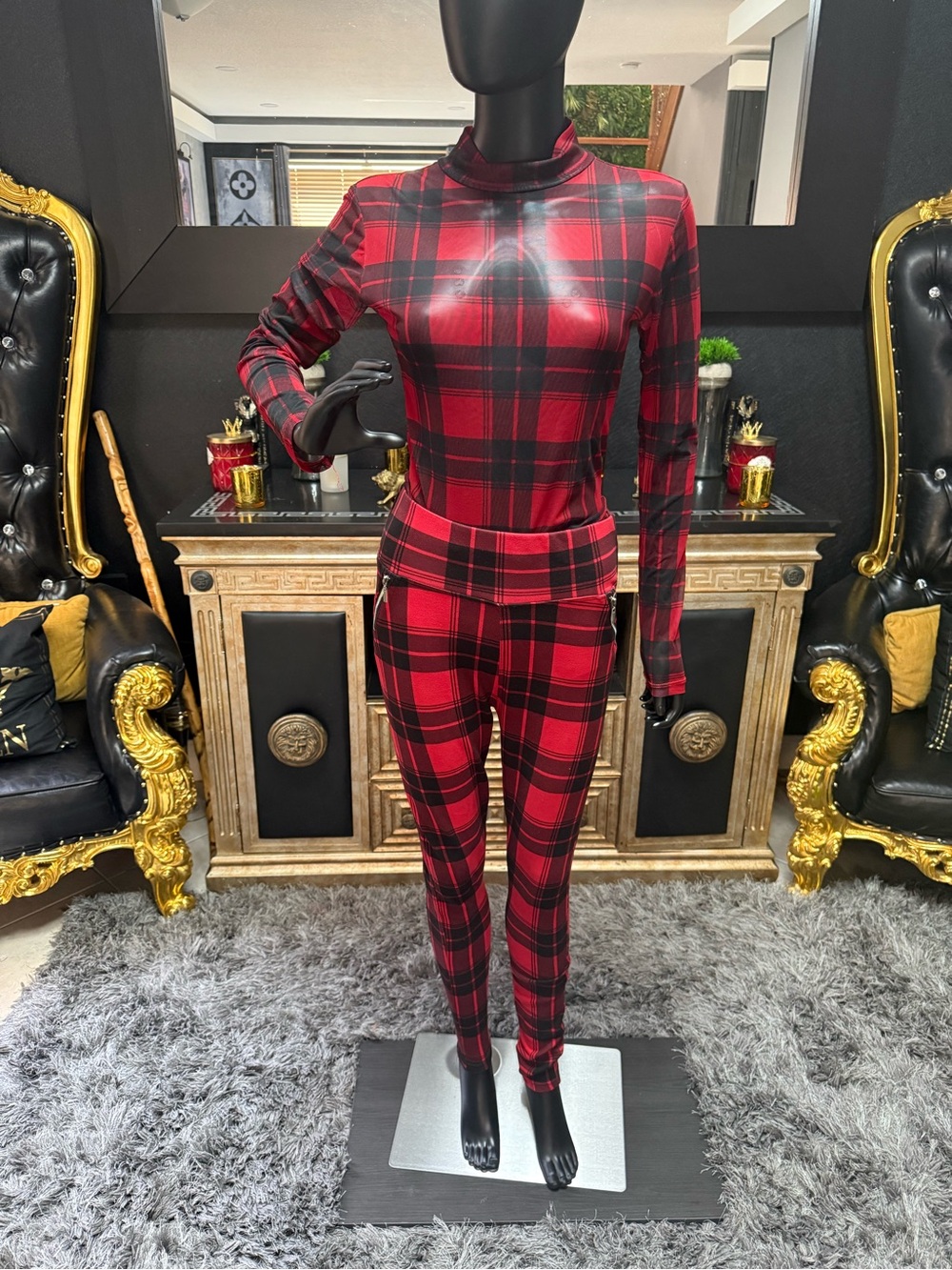 Plaid Long-Sleeve Jumpsuit in Red and Black